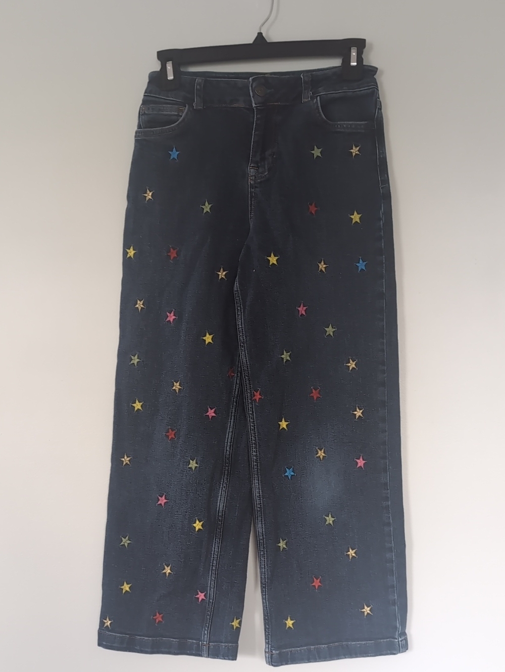 Mini Boden Blue Wide-Leg Jeans with Multicolor Star Embroidery